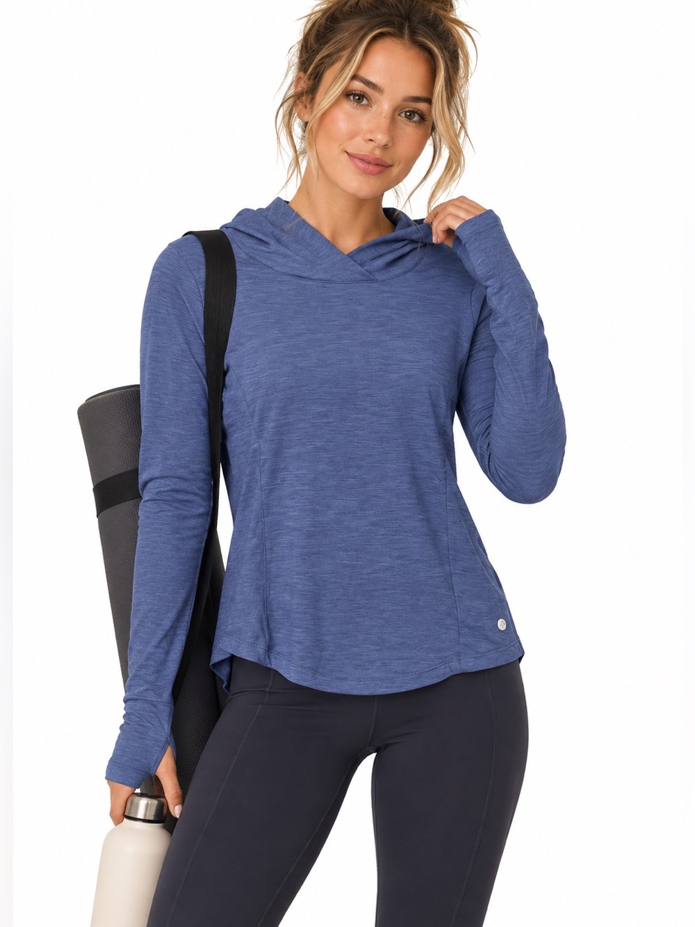 Apana Blue Hooded Performance Hoodie Thumbholes Yoga Running Top Small